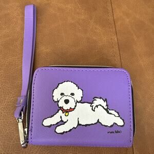 MARC TETRO WHITE BICHON FRISE PURPLE ZIPPER WRISTLET CLUTCH WALLET 5” X 3.5”
